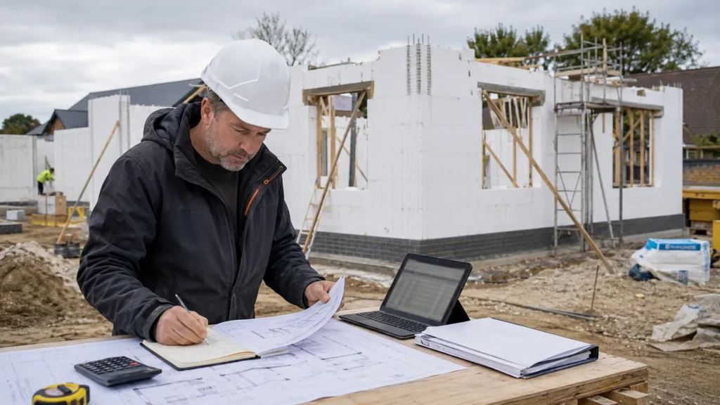 Building plans and cost calculations being reviewed beside a house under construction using ICF.