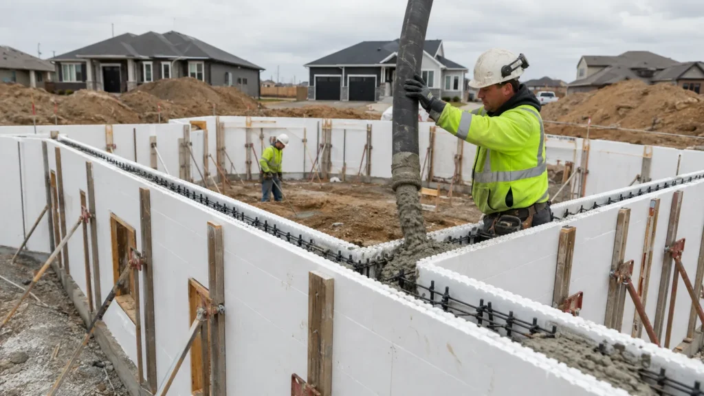Concrete being placed into reinforced ICF wall forms during construction.