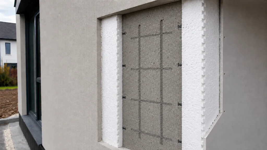 ICF wall cutaway showing permanent insulation, reinforced concrete core, and finished surfaces.