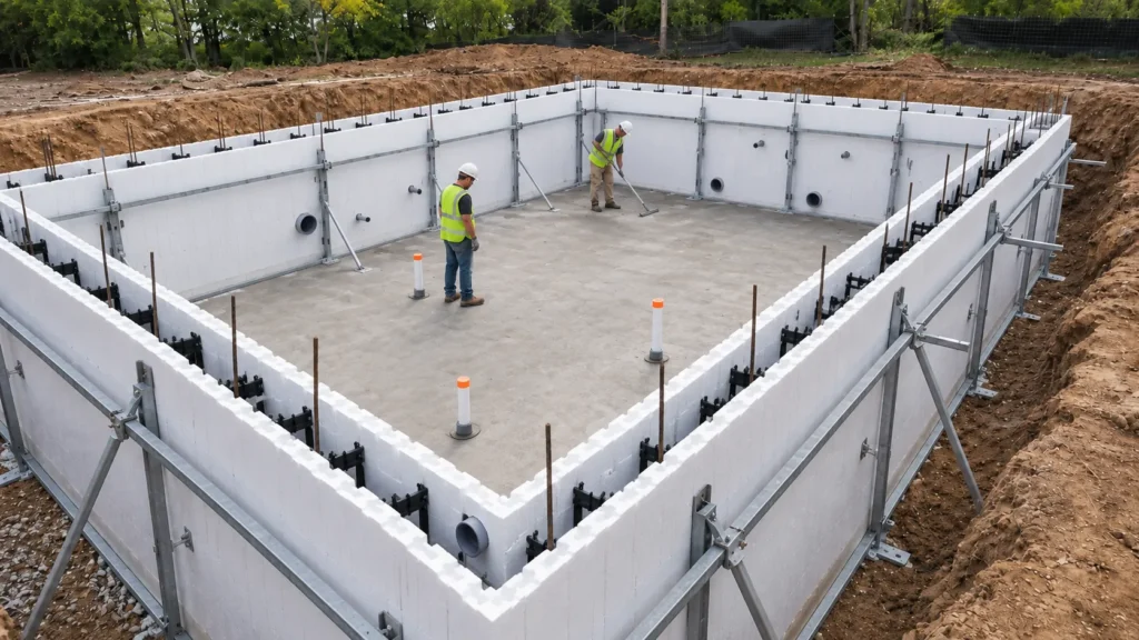 ICF swimming pool shell under construction with EPS forms, reinforcement and metal bracing.