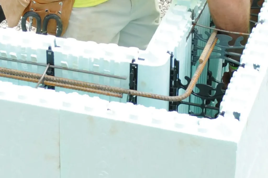 ICF form showing internal webs and steel reinforcement before concrete placement.