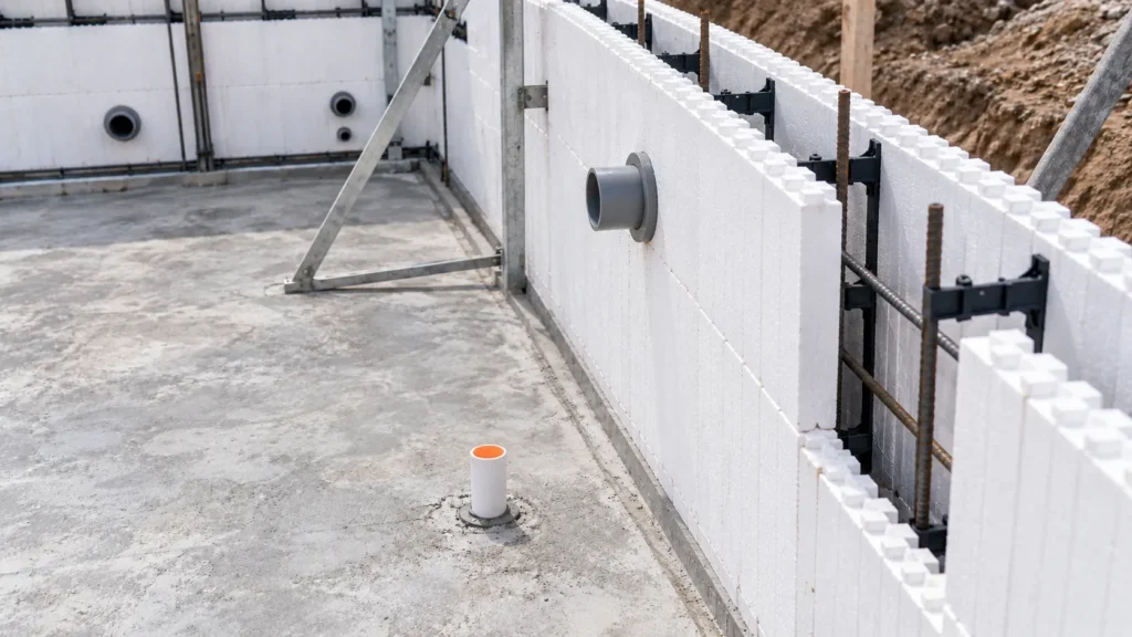 Close-up of an ICF pool wall showing EPS forms, internal webs, reinforcement and a service sleeve.