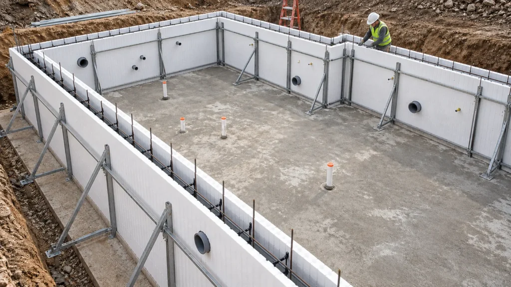 ICF swimming pool walls with reinforcement, service penetrations and external bracing.