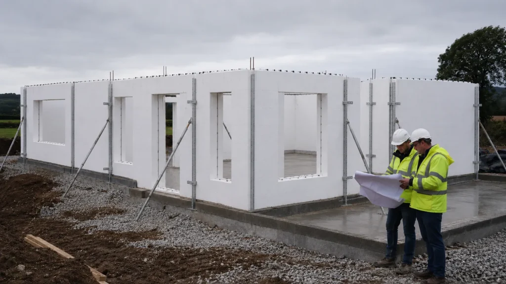 ICF self-build with insulated concrete form walls, bracing and construction professionals reviewing plans.